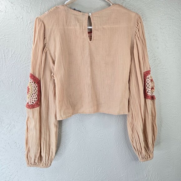 Zara Crochet Crop Top S Light Pink Linen Boho Cottage Hippie Long Sleeve Shirt - Picture 6 of 12